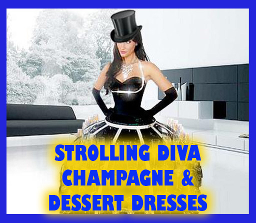 Strolling Champagne diva dress, strolling dessert tables, strolling artists, Strolling Diva Dress rentals in Michigan