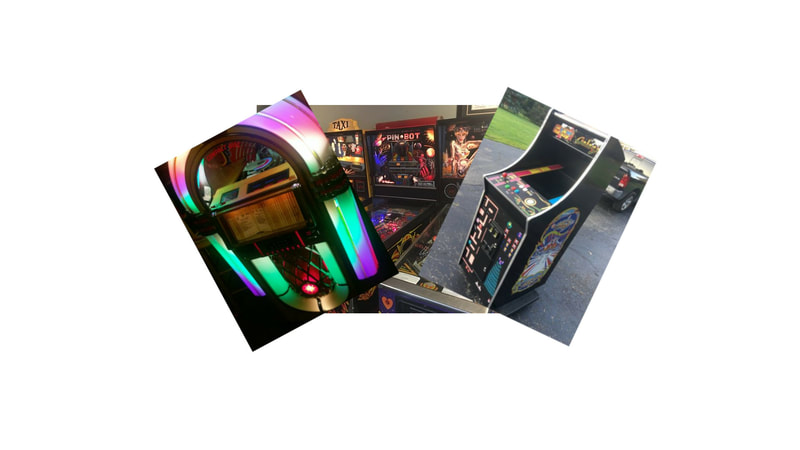 jukebox, galaga arcade game, pinball machines